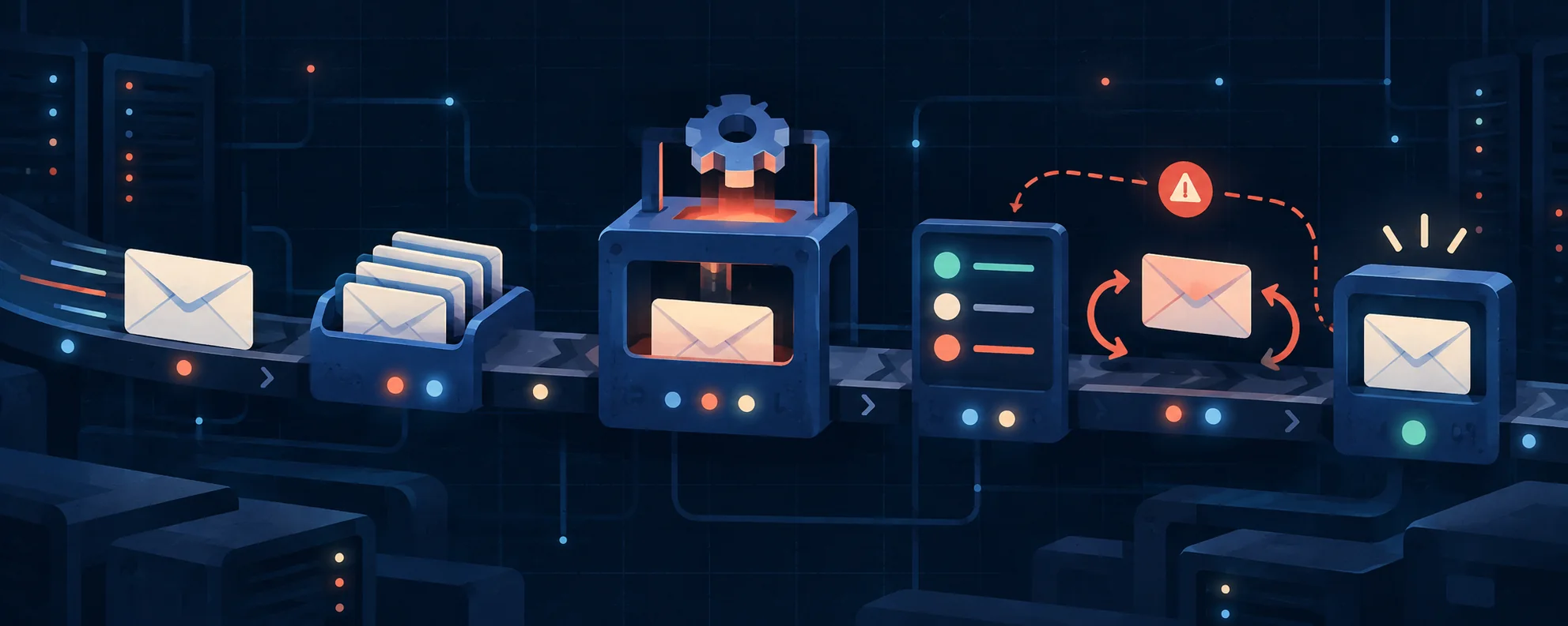 An API job moving through request, queue, execution, retry, and completion states