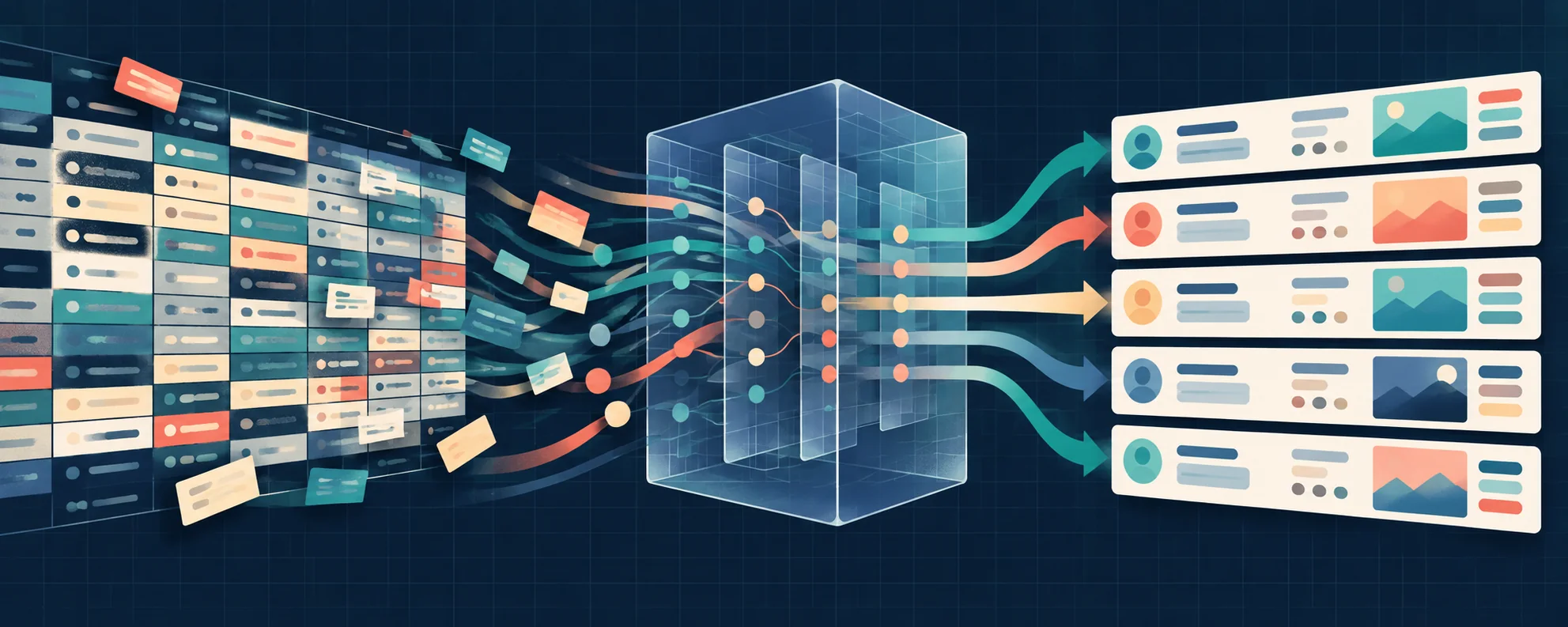 Messy tabular data flowing through a transformation layer into organized records